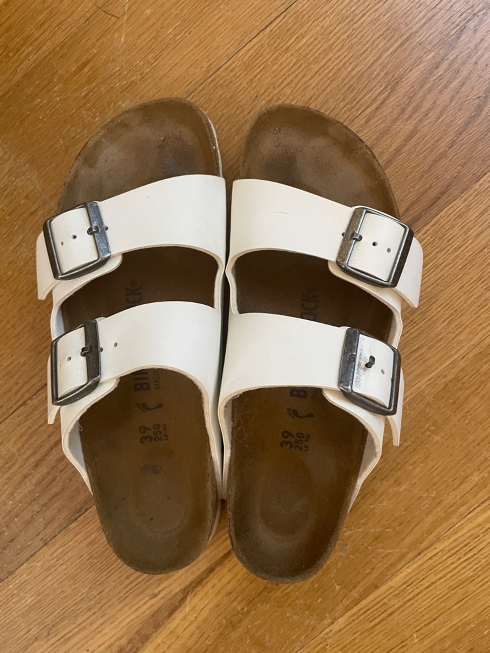 Birkenstock White Double-Strap Sandals with Silver Buckles 8 EUC - Picture 2 of 8